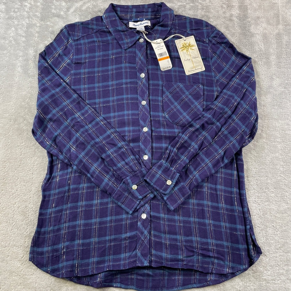 Tommy Bahama Flannel Shirt Women Small Blue Plaid Metallic Beach Vacation Travel